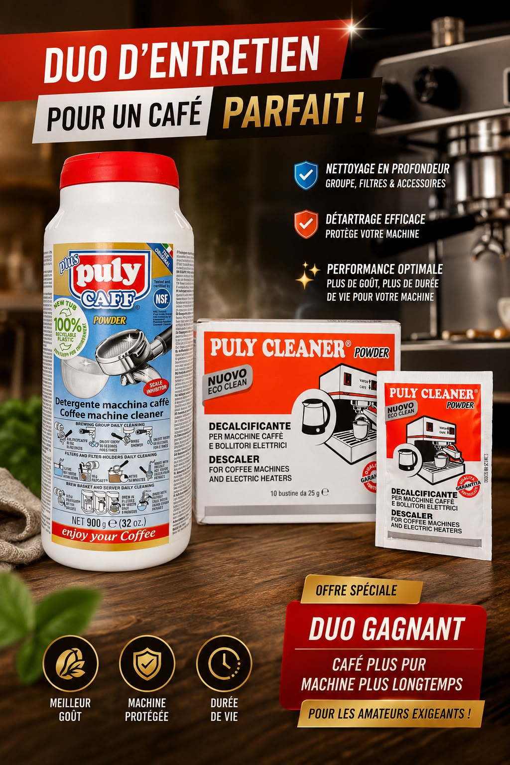 Duo Entretien Puly Caff – Détartrant & Nettoyant Machine à Café | منظف ومزيل ترسبات ماكينة القهوة Puly Caff